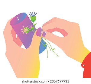 Las manos decoran una vela de cera con flores. Clase maestra para crear velas de cera. Ilustración vectorial aislada en un fondo blanco.