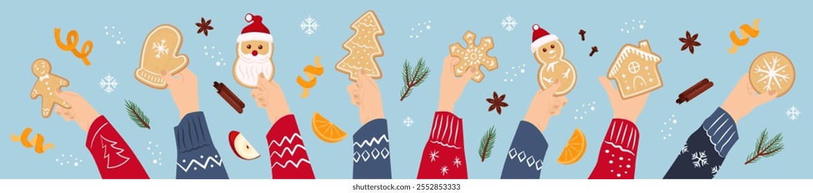 Hands with decorated Christmas gingerbread cookies. Orange, cinnamon, apple, star anise. Holiday vector banner template.