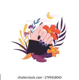 Hands decorated with flowers and leaves. Beautiful hand-drawn style vector illustration for skincare symbols, t-shirt prints and more.