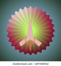 Hands decorated with greeting position namaste. hands with bracelets. Yoga sign. 