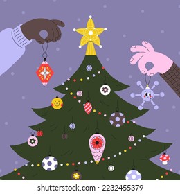 Hands decorates a Christmas tree on a lilac background. Awesome vector greeting card.