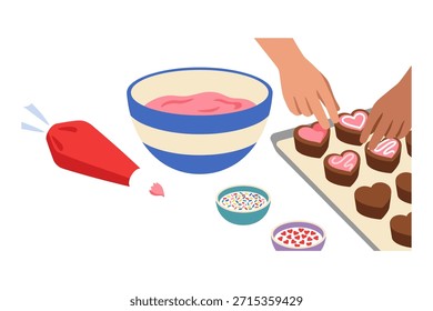 Manos decorando caramelos de chocolate con glaseado y espolvoreando, horneando golosinas dulces para las vacaciones