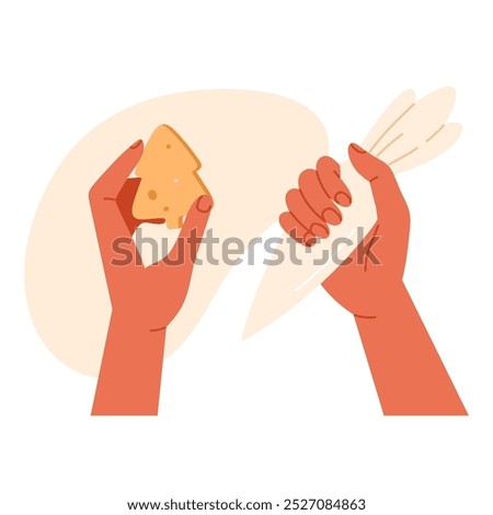 Hands decorating Christmas gingerbread cookie with icing using a piping bag. Process of baking and decorating sweet cookies. Homemade dough concept. Isolated vector illustration in cartoon style