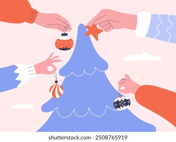 Hands decorating Christmas tree with ornaments. Holiday season illustration.