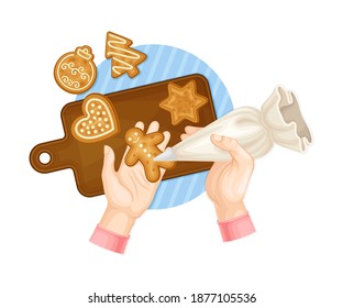 Hands Decorating Gingerbread Cookie with Sugar Glaze Vector Illustration