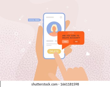 Hands deleting account an account from social network on smartphone. Vector illustration.