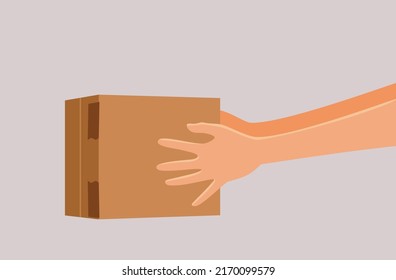 
Hands of a Delivery Person Holding a Package Vector Illustration. Professional deliveryman carrying a cardboard box safely for transportation
