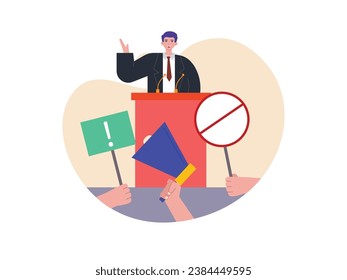 Hands of demonstrating people holding sign and loudspeakers, protesting in front of government officials on a podium. Character design. Vector flat illustration