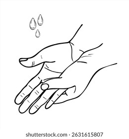 Hands demonstrating washing movements without water or soap monochrome vector illustration in linear style. For hygiene guides, medical posters, health campaigns, and step by step sanitation guides.
