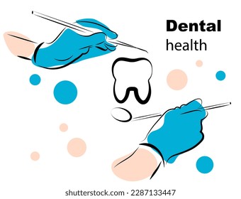 Hands of a dentist in gloves. Dental instruments. Dental health. Dental diagnostics