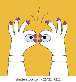 Hands depict binocular, looking into the distance, looking for a target. Flat modern design. Vector illustration.