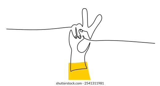 Hands depicted forming a peace sign in a continuous one line drawing. Gesture concept. Hand-drawn minimalist vector design.