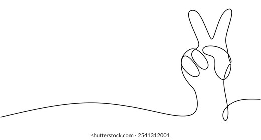 Hands depicted forming a peace symbol in a continuous one line drawing. Gesture concept. Minimalist design in hand-drawn vector style.