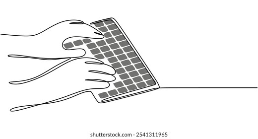 Hands depicted typing on a keyboard in a continuous one line drawing. Concept related to work and office. Minimalist hand-drawn vector illustration.