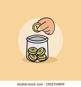 Hands depositing coin in a jar cartoon illustration