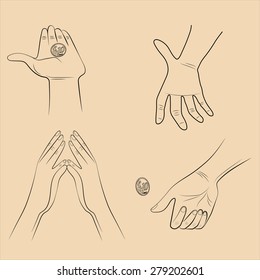 Hands design set at different angles and grips for signs, labels, stickers, posters and other design needs.  