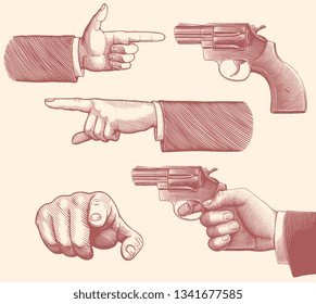 Hands. Design set. Hand drawn engraving. Editable vector vintage illustration. Isolated on light background. 8 EPS 