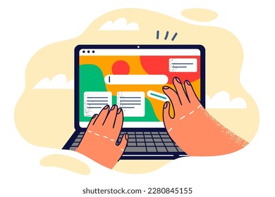 Hands of designer creating new website or software using Drag and Drop technology and No Code development on laptop. Web designer creating internet applications or presentation for own startup 