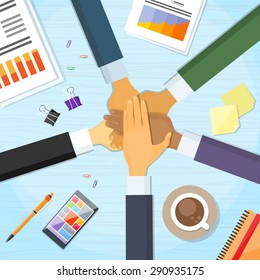 Hands Desk Team Leader Business People Pile Hand Stack On Each Other, Businesspeople Colleagues Concept Success Collaboration Leader Flat Vector Illustration