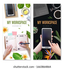 Hands at the Desk. vertical banners in pink and black with realistic workplace. Desktop top view. Vector illustration