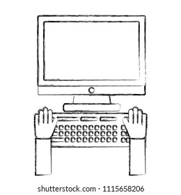 hands with desktop computer isolated icon