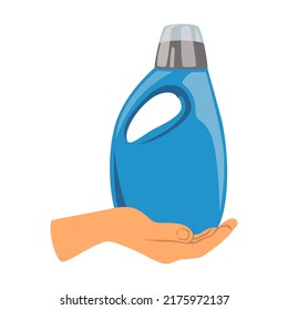 Hands with detergent container illustration in cartoon style. Household maintenance and cleaning tools with arms. Tools for making house