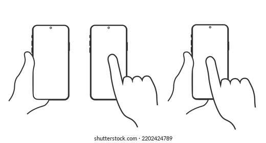 hands with device smartphone icons set pack on white background.