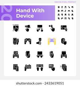 Hands with devices pixel perfect black glyph icons set on white space. User with electronic gadgets. Digital technology. Silhouette symbols. Solid pictogram pack. Vector isolated illustration