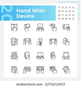 Hands with devices pixel perfect linear icons set. User with electronic gadgets. Digital technology integration. Customizable thin line symbols. Isolated vector outline illustrations. Editable stroke