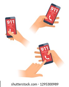 A hands dial 911 number on the smartphone screen. Female and male hands holding mobile phones and call emergency service. A serious, unexpected, dangerous situation flat vector concept illustration.