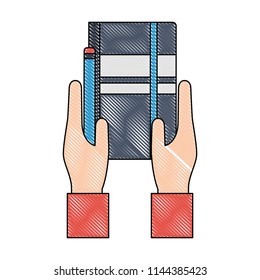 hands with diary and pencil isolated icon