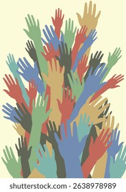 Hands different color raised, abstract concept divercity and inclusivity, vector illustration