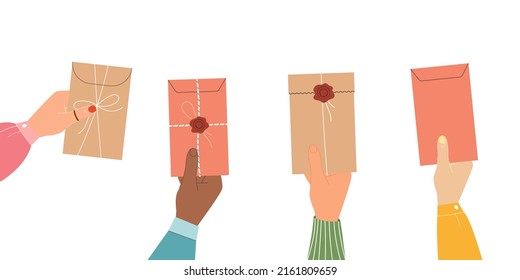 Hands different color skin race of people holding closed craft envelope sealed with and without wax stamp. Diversity paper mail concept vector flat illustration.