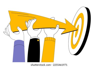 Hands of different colors carry an arrow pointing to the center of the target. The concept of a vector illustration on the topic of teamwork to achieve results.