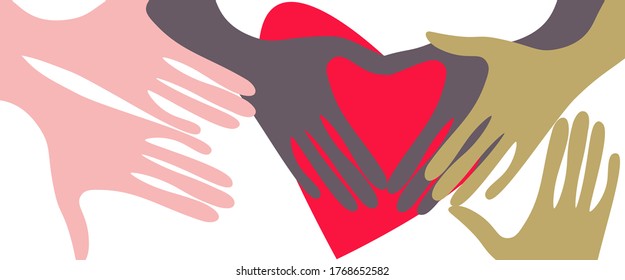 
Hands of different colors and a heart. The idea of ​​unity of peoples of races and nationalities. The concept of love and kindness all over the world.