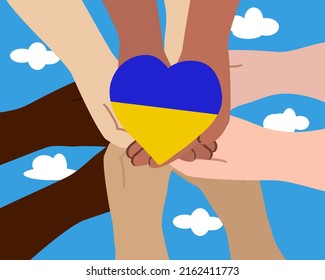 Hands of different colors hold a heart in the shape of the Ukrainian flag. Against the background of the blue sky. Support of the people against the war. flat vector