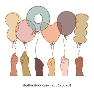 Hands of different colors holding balloons of different colors and shapes. Gender equality sign. Mixed. Diverse cultural community. Vector