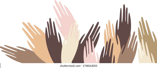 
Hands of different colors. The idea of ​​uniting different races. The problem of interaction between different nations. The unity of all people. Friendship of Peoples logo. Banner.