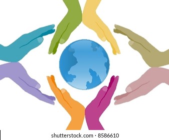 Hands in different colors over the world.
