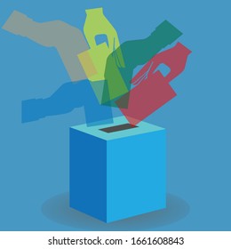 Hands of different colors putting paper in the ballot box