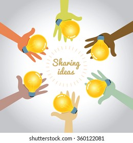 Hands in different colors sharing ideas, vector illustration