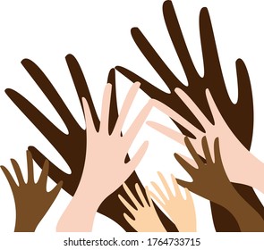 Hands of different colors and sizes. The idea of ​​combining different races and nationalities. The problem of interaction between different nations. The unity of all people and friendship.