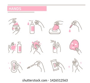 Hands with different cosmetic products. Line style vector illustration isolated on white background.
