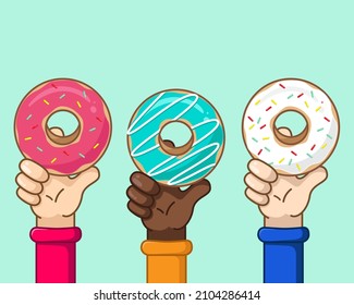 Manos de diferentes países sosteniendo donuts dulces y deliciosos