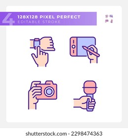 Hands with different devices pixel perfect RGB color icons set. Digital technology. Gadget usage purposes. Isolated vector illustrations. Simple filled line drawings collection. Editable stroke