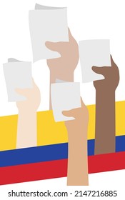 Hands of different ethnics gripping votes with Colombian flag as decorative element.