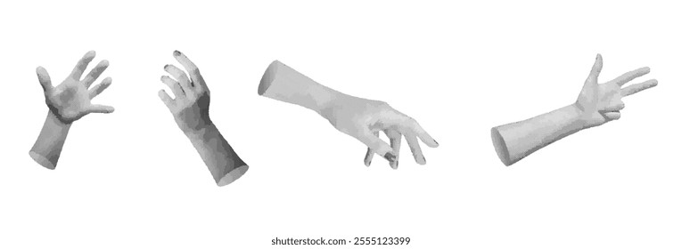 hands in different expressive gestures, open palm, a curved one reaching forward, and a pointing finger sign isolated on a white background. Halftone dotted retro style vector