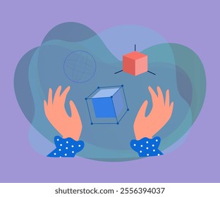 Hands with different geometric 3D shapes. Cubes, sphere flat vector illustration. Geometry, math, education concept for banner, website design or landing web page