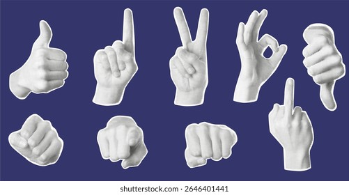 hands with different gesture.  set of hands with halftone effect.  Collage halftone elements for web, social media, banner and poster. Easy editable. 