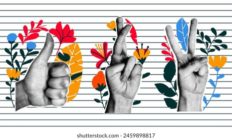 Hands with different gestures and abstract flowers. Vintage design. Artwork. Vector illustration